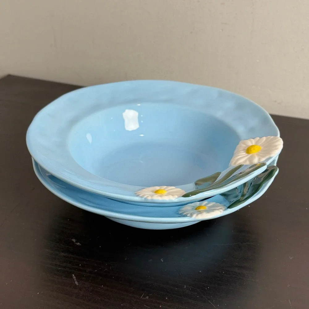 Anthropologie Blue Foster Daisy Ceramic Pasta Bowls Set of 2 Floral Boho 9in